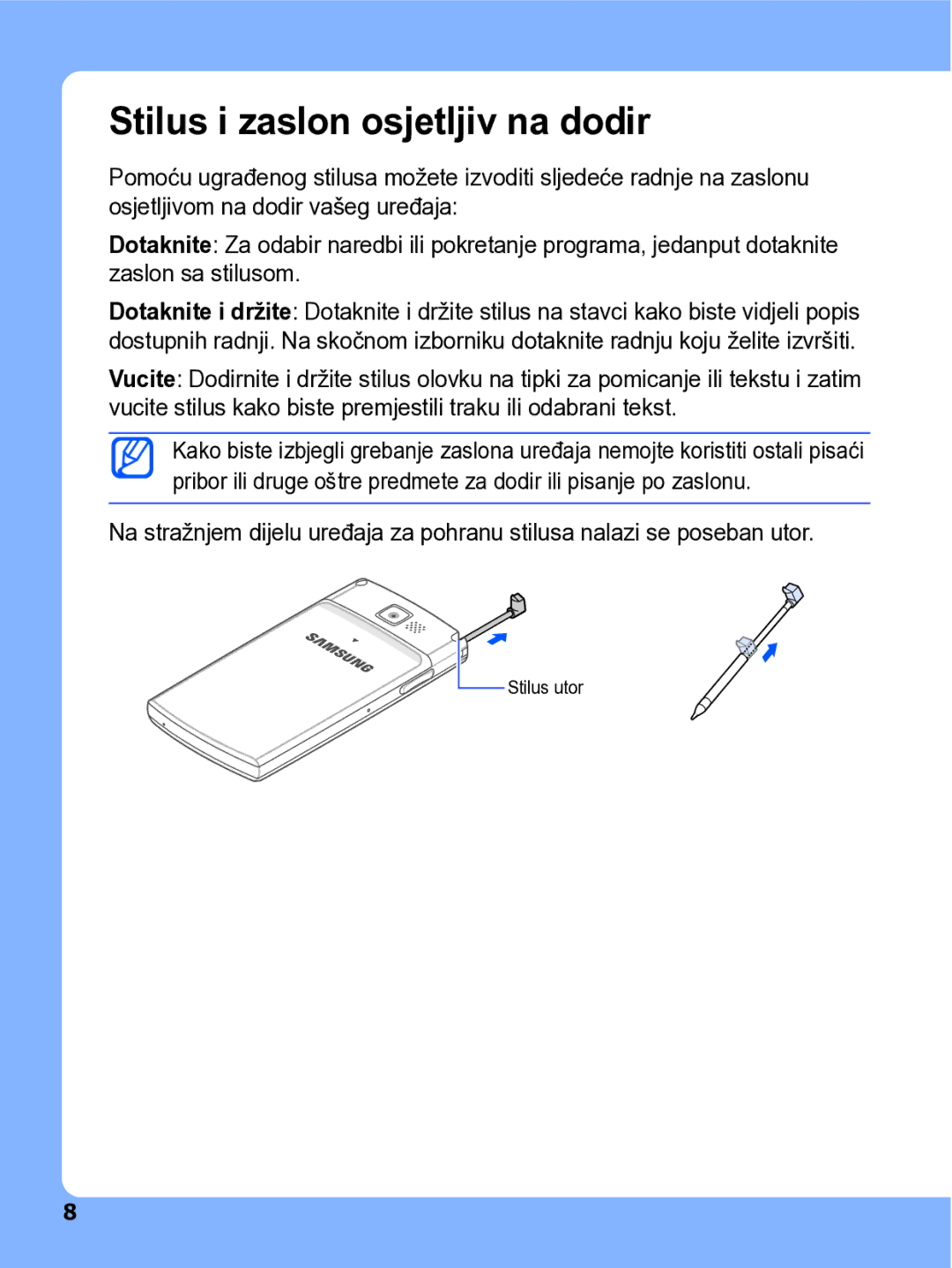 Samsung SGH-I780ZKATRA manual Stilus i zaslon osjetljiv na dodir 