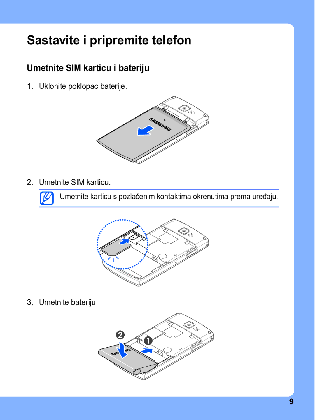 Samsung SGH-I780ZKATRA manual Sastavite i pripremite telefon, Umetnite SIM karticu i bateriju 