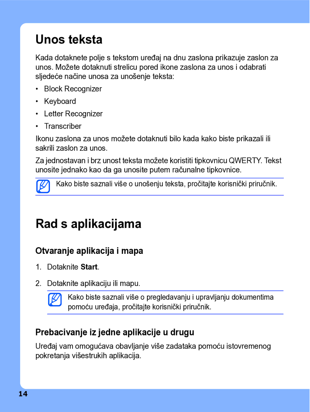 Samsung SGH-I780ZKATRA manual Unos teksta, Rad s aplikacijama, Otvaranje aplikacija i mapa 