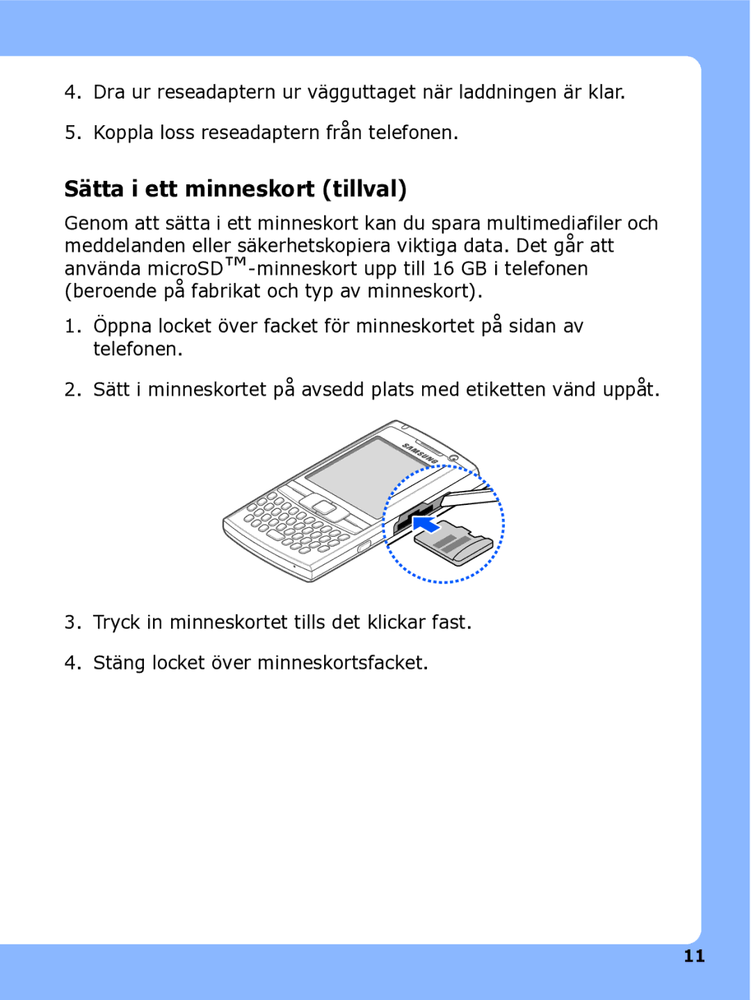 Samsung SGH-I780ZKNXEE, SGH-I780ZKCXEE, SGH-I780ZKAXEE manual Sätta i ett minneskort tillval 