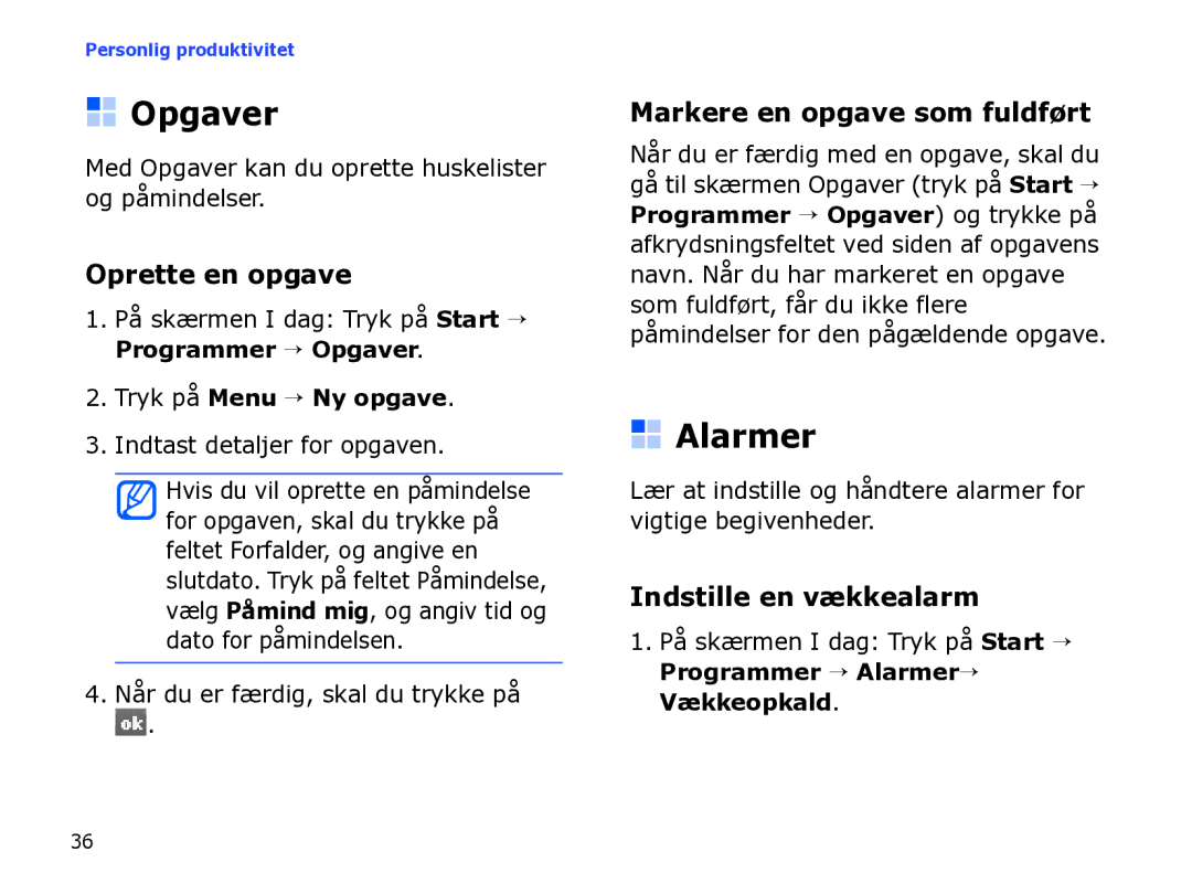 Samsung SGH-I780ZKAXEE manual Opgaver, Alarmer, Oprette en opgave, Markere en opgave som fuldført, Indstille en vækkealarm 