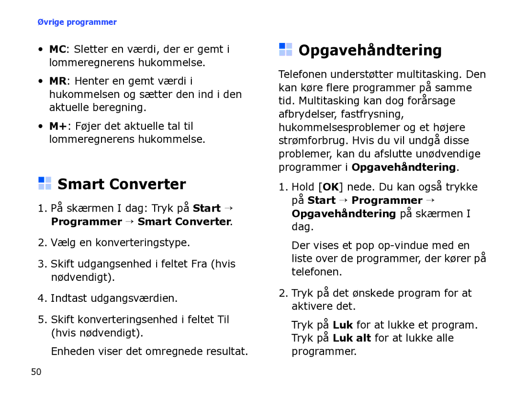 Samsung SGH-I780ZKNXEE, SGH-I780ZKCXEE, SGH-I780ZKAXEE manual Smart Converter, Opgavehåndtering 