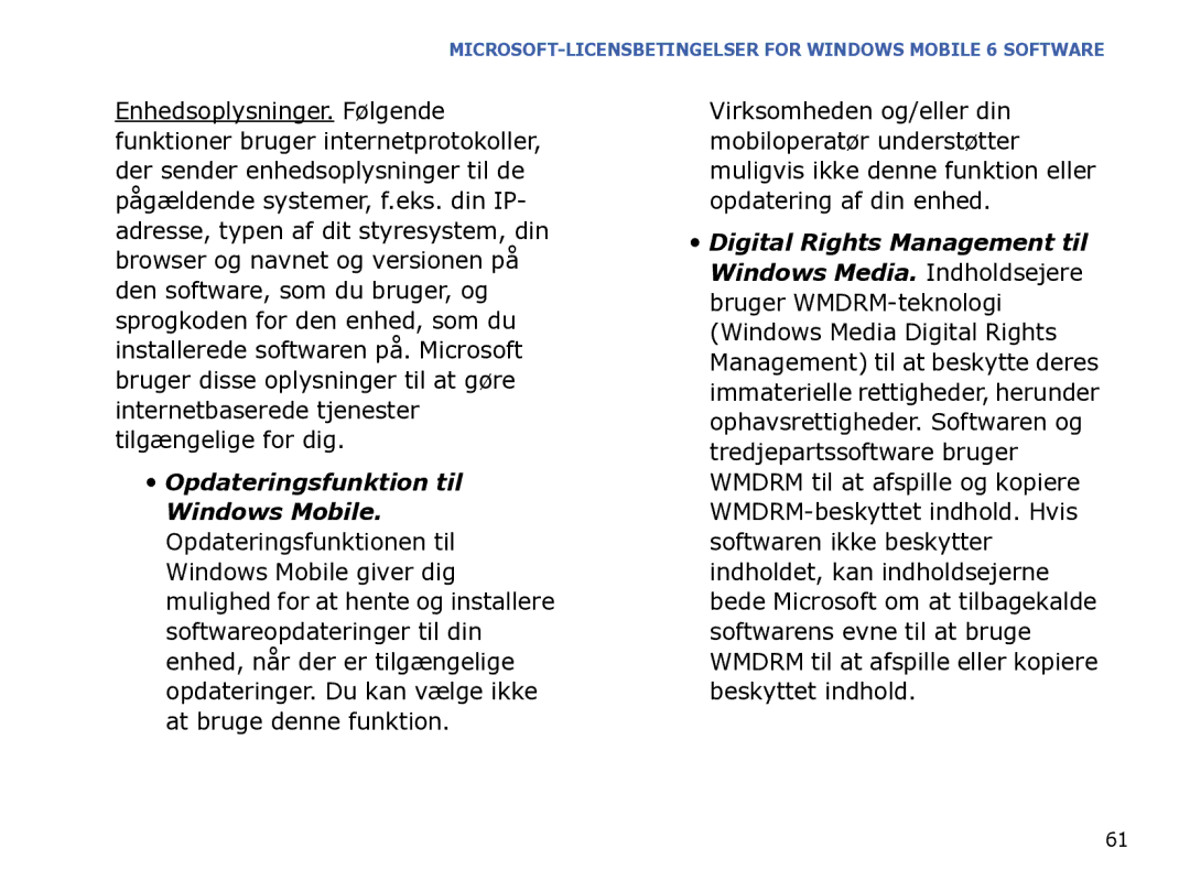 Samsung SGH-I780ZKCXEE, SGH-I780ZKNXEE, SGH-I780ZKAXEE manual MICROSOFT-LICENSBETINGELSER for Windows Mobile 6 Software 