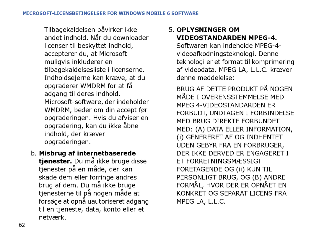 Samsung SGH-I780ZKNXEE, SGH-I780ZKCXEE, SGH-I780ZKAXEE manual MICROSOFT-LICENSBETINGELSER for Windows Mobile 6 Software 