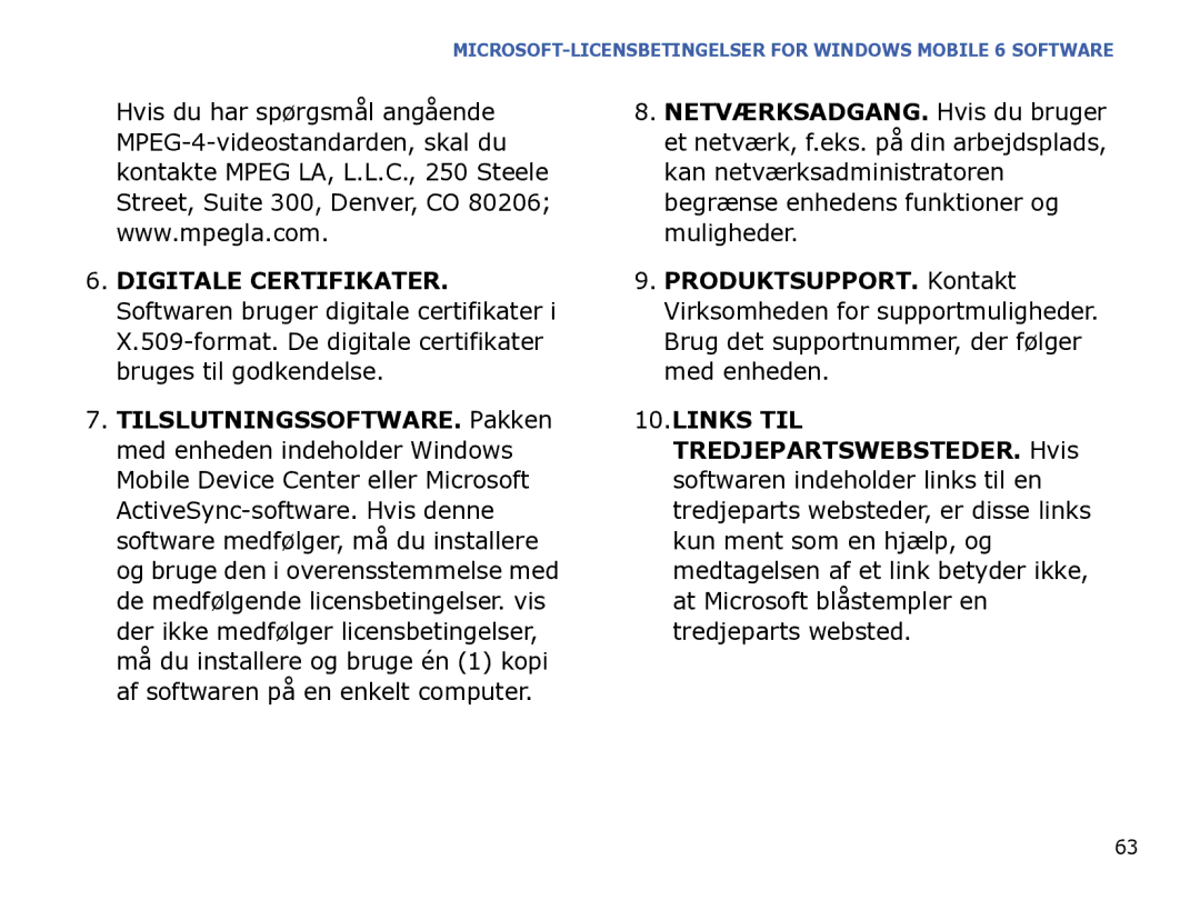 Samsung SGH-I780ZKAXEE, SGH-I780ZKCXEE, SGH-I780ZKNXEE manual MICROSOFT-LICENSBETINGELSER for Windows Mobile 6 Software 