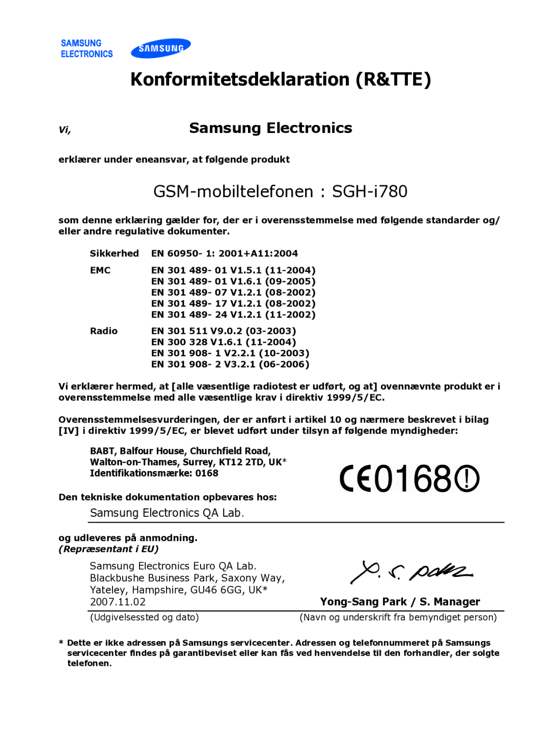 Samsung SGH-I780ZKNXEE, SGH-I780ZKCXEE, SGH-I780ZKAXEE manual Konformitetsdeklaration R&TTE, GSM-mobiltelefonen SGH-i780 