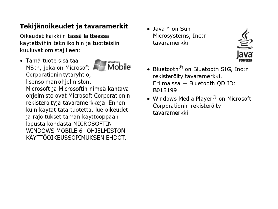 Samsung SGH-I780ZKCXEE, SGH-I780ZKNXEE, SGH-I780ZKAXEE manual Tekijänoikeudet ja tavaramerkit 