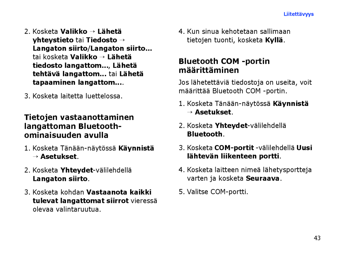 Samsung SGH-I780ZKCXEE manual Kosketa laitetta luettelossa, Bluetooth COM -portin määrittäminen, Valitse COM-portti 