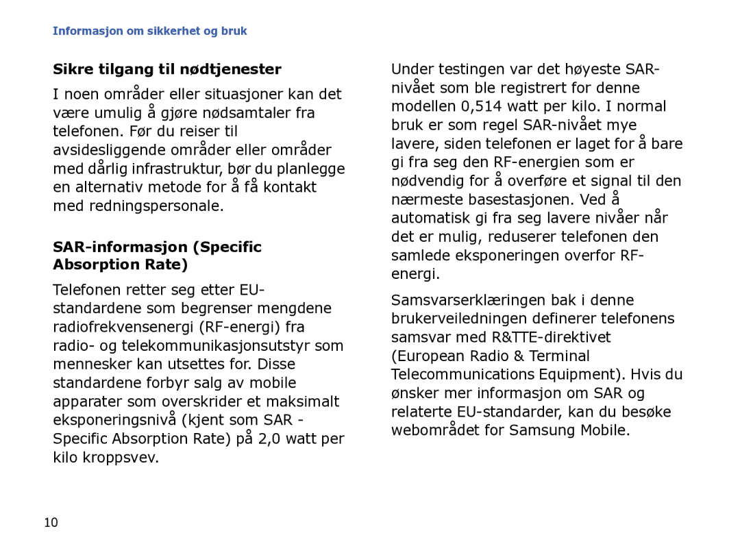 Samsung SGH-I780ZKCXEE, SGH-I780ZKNXEE manual Sikre tilgang til nødtjenester, SAR-informasjon Specific Absorption Rate 