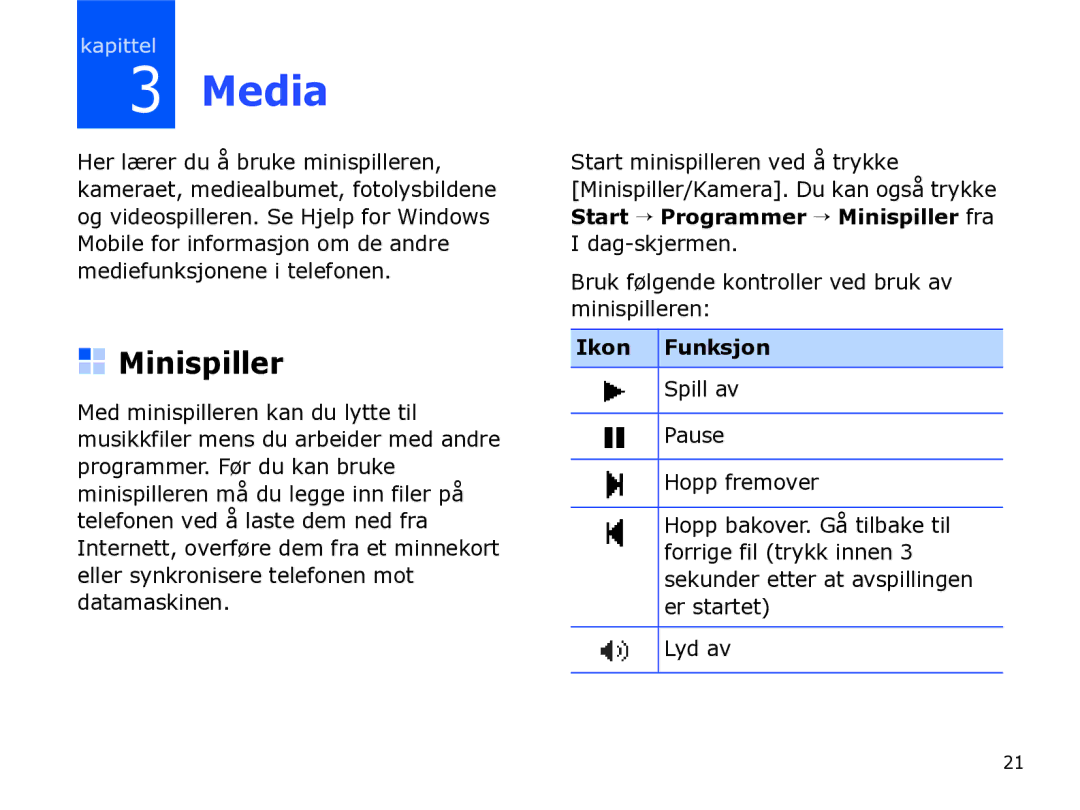 Samsung SGH-I780ZKAXEE, SGH-I780ZKCXEE, SGH-I780ZKNXEE manual Media, Minispiller, Ikon Funksjon 