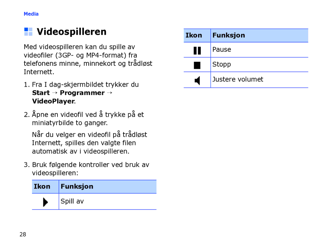 Samsung SGH-I780ZKCXEE, SGH-I780ZKNXEE manual Videospilleren, Bruk følgende kontroller ved bruk av videospilleren, Spill av 