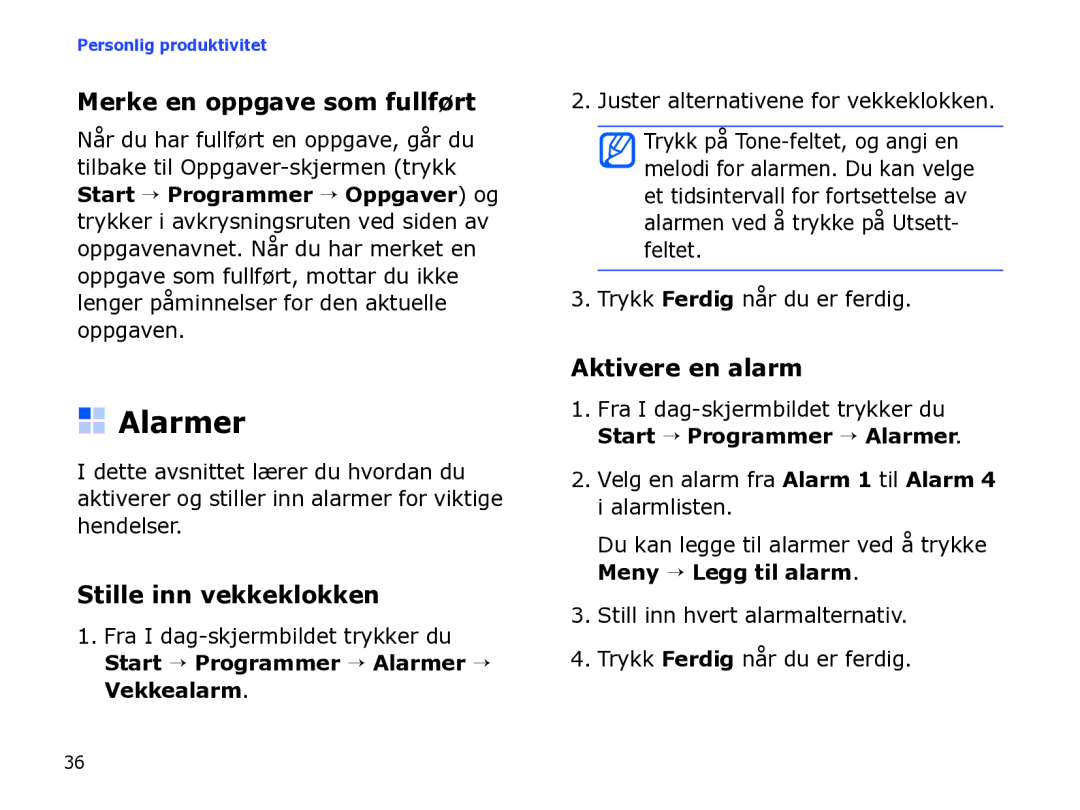 Samsung SGH-I780ZKAXEE, SGH-I780ZKCXEE Alarmer, Merke en oppgave som fullført, Stille inn vekkeklokken, Aktivere en alarm 