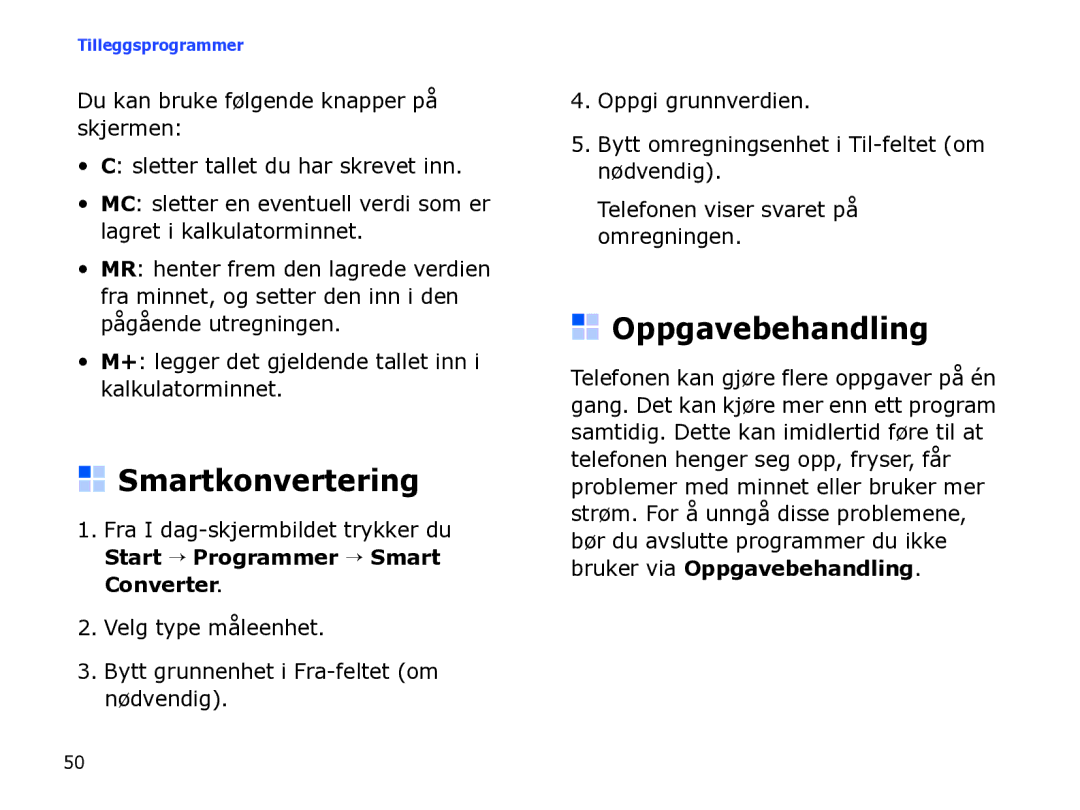 Samsung SGH-I780ZKNXEE, SGH-I780ZKCXEE, SGH-I780ZKAXEE manual Smartkonvertering, Oppgavebehandling 