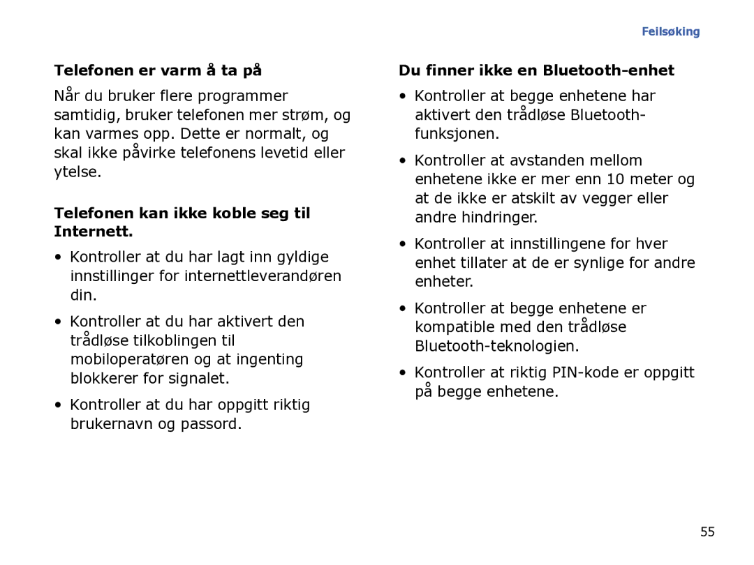 Samsung SGH-I780ZKCXEE, SGH-I780ZKNXEE manual Telefonen er varm å ta på, Telefonen kan ikke koble seg til Internett 