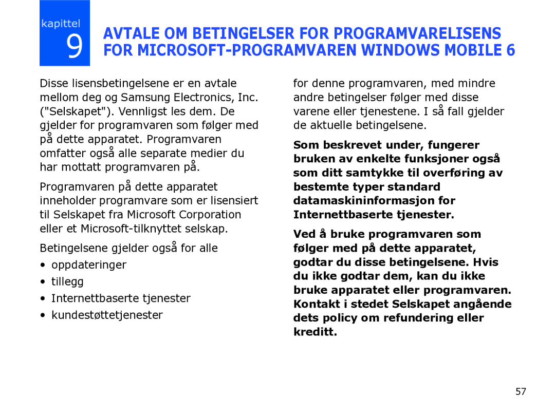 Samsung SGH-I780ZKAXEE, SGH-I780ZKCXEE, SGH-I780ZKNXEE manual Avtale OM Betingelser for Programvarelisens 