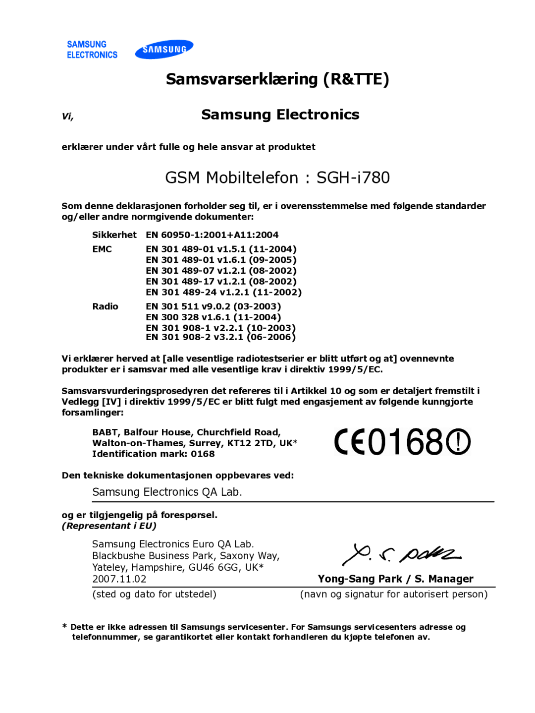 Samsung SGH-I780ZKNXEE, SGH-I780ZKCXEE, SGH-I780ZKAXEE manual Samsvarserklæring R&TTE, GSM Mobiltelefon SGH-i780 