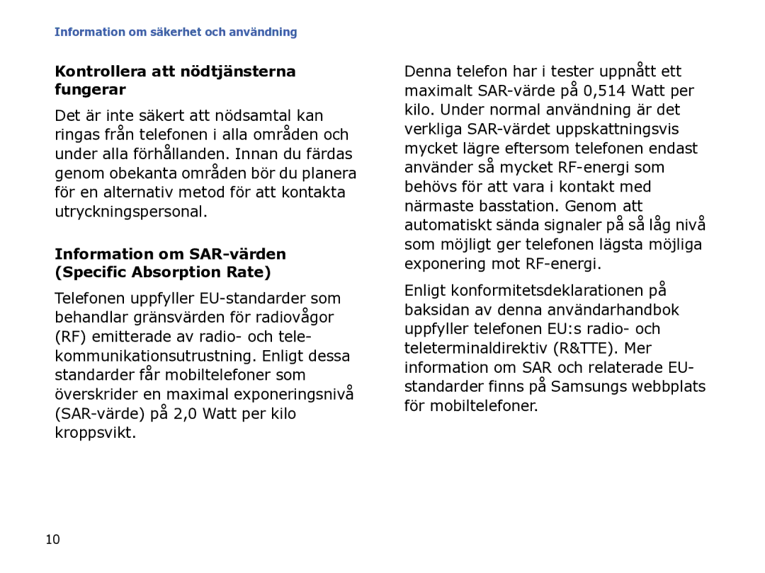 Samsung SGH-I780ZKCXEE manual Kontrollera att nödtjänsterna fungerar, Information om SAR-värden Specific Absorption Rate 