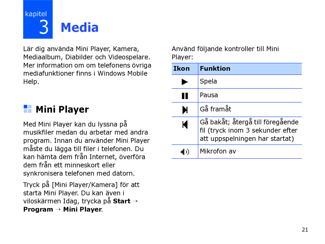 Samsung SGH-I780ZKAXEE, SGH-I780ZKCXEE, SGH-I780ZKNXEE manual Media, Program → Mini Player, Ikon Funktion 