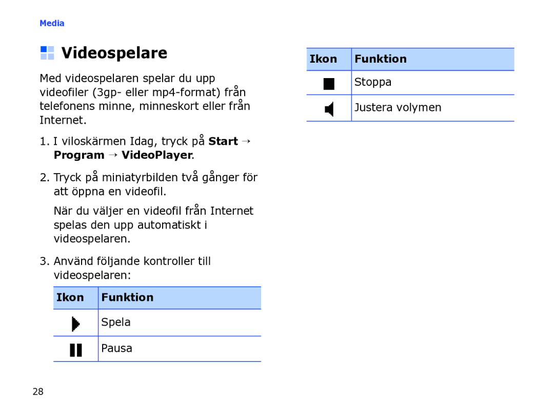 Samsung SGH-I780ZKCXEE, SGH-I780ZKNXEE, SGH-I780ZKAXEE manual Videospelare, Spela Pausa, Stoppa Justera volymen 