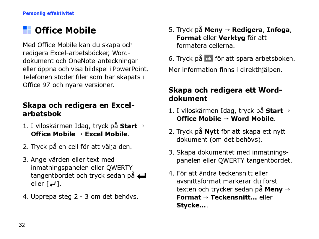 Samsung SGH-I780ZKNXEE manual Office Mobile, Skapa och redigera en Excel- arbetsbok, Skapa och redigera ett Word- dokument 