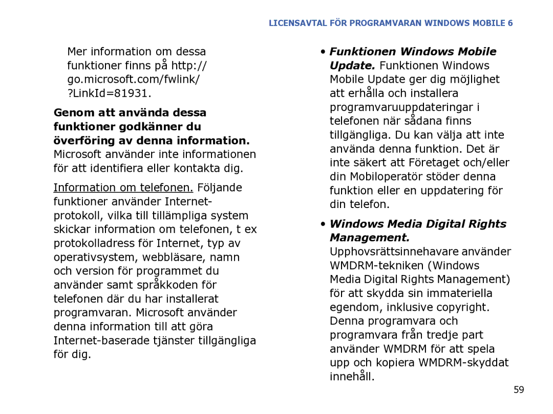 Samsung SGH-I780ZKNXEE, SGH-I780ZKCXEE, SGH-I780ZKAXEE manual Licensavtal FÖR Programvaran Windows Mobile 