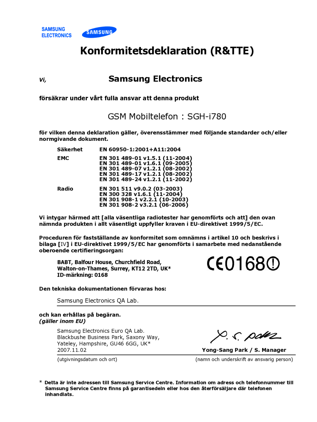 Samsung SGH-I780ZKAXEE, SGH-I780ZKCXEE, SGH-I780ZKNXEE manual Konformitetsdeklaration R&TTE, Samsung Electronics 