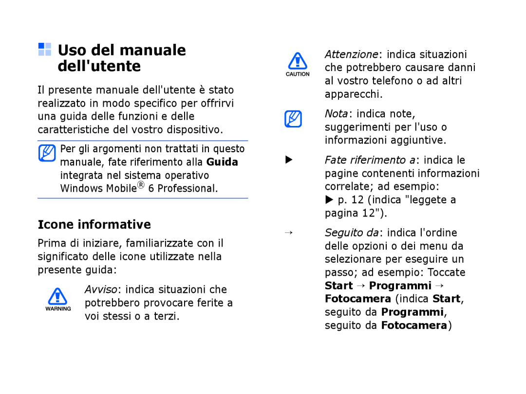 Samsung SGH-I780VRNTIM, SGH-I780ZKNITV Uso del manuale dellutente, Icone informative, Indica leggete a pagina 