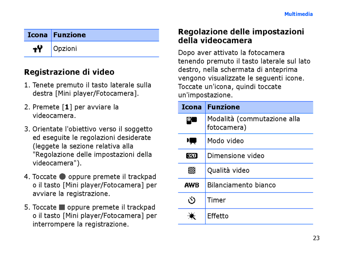 Samsung SGH-I780ZKNOMN, SGH-I780ZKNITV Registrazione di video, Regolazione delle impostazioni della videocamera, Opzioni 