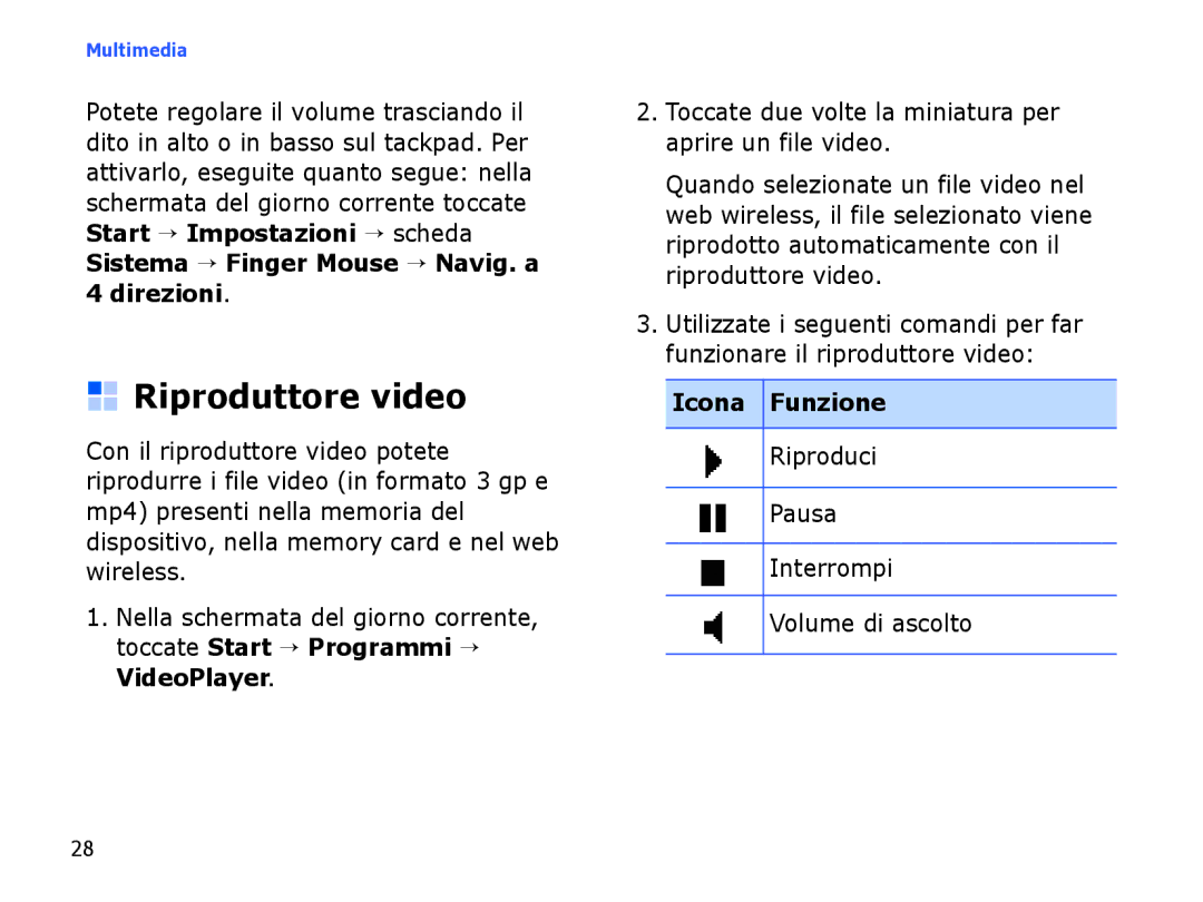 Samsung SGH-I780ZKAWIN, SGH-I780ZKNITV, SGH-I780VRAWIN Riproduttore video, Riproduci Pausa Interrompi Volume di ascolto 