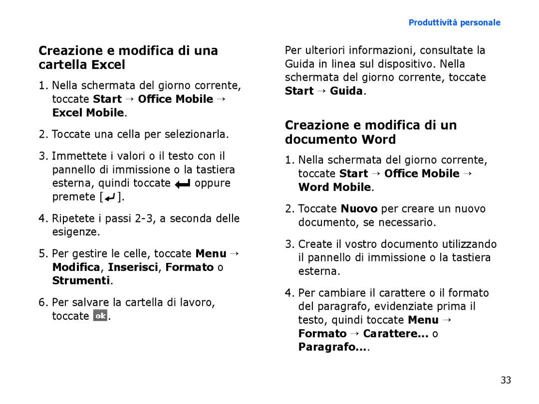 Samsung SGH-I780ZKNHUI manual Creazione e modifica di una cartella Excel, Creazione e modifica di un documento Word 