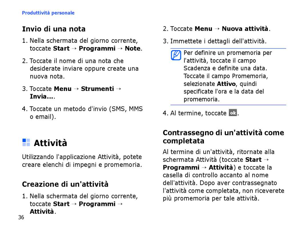 Samsung SGH-I780ZKNITV Attività, Invio di una nota, Creazione di unattività, Contrassegno di unattività come completata 