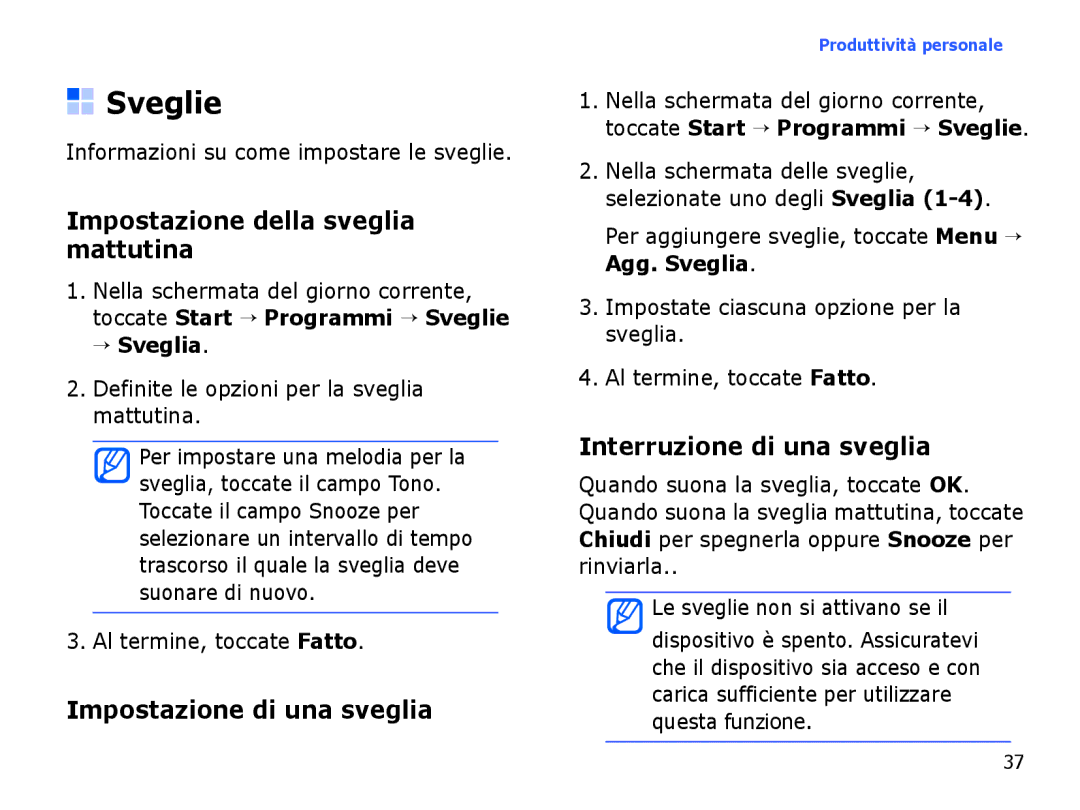 Samsung SGH-I780VRAWIN, SGH-I780ZKNITV manual Sveglie, Impostazione della sveglia mattutina, Impostazione di una sveglia 