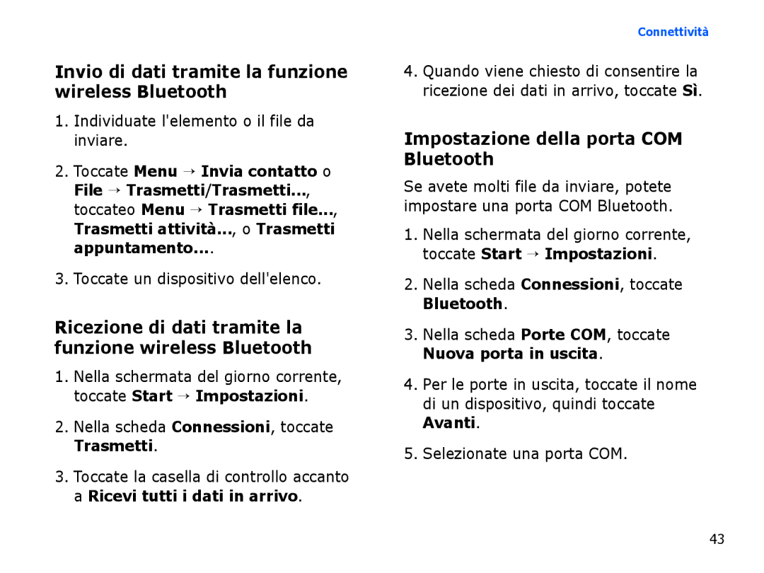 Samsung SGH-I780ZKAHUI manual Invio di dati tramite la funzione wireless Bluetooth, Impostazione della porta COM Bluetooth 