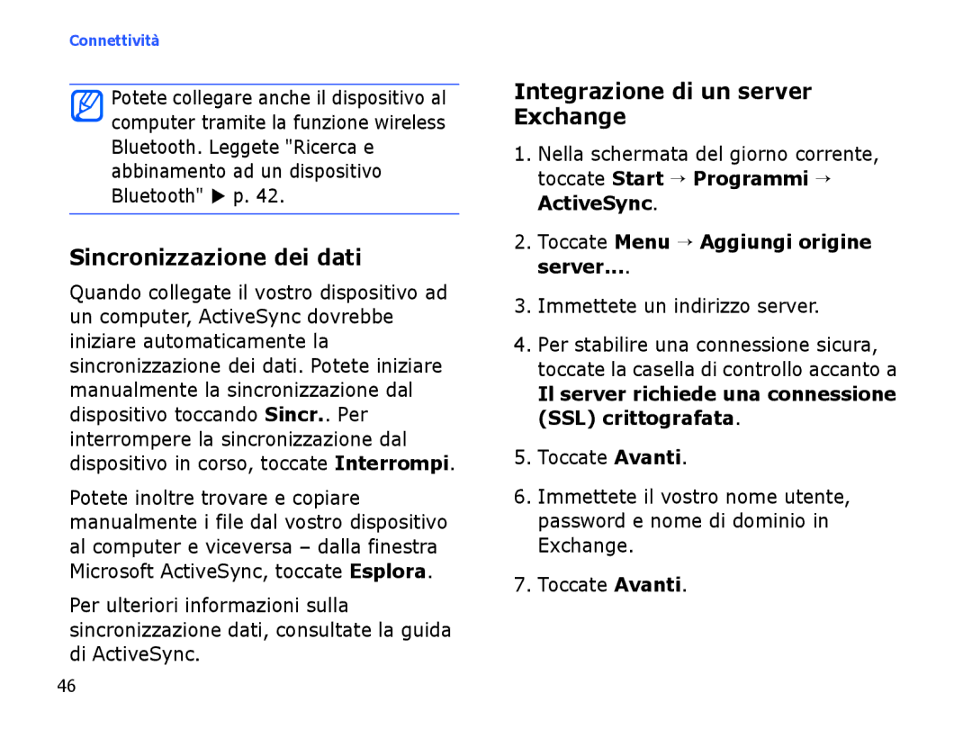 Samsung SGH-I780VRNITV manual Sincronizzazione dei dati, Integrazione di un server Exchange, Immettete un indirizzo server 