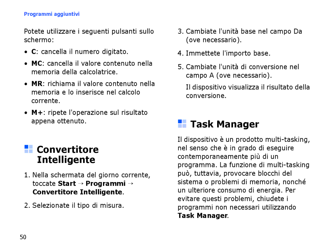 Samsung SGH-I780VRAHUI, SGH-I780ZKNITV, SGH-I780VRAWIN, SGH-I780VRNTIM manual Convertitore Intelligente, Task Manager 
