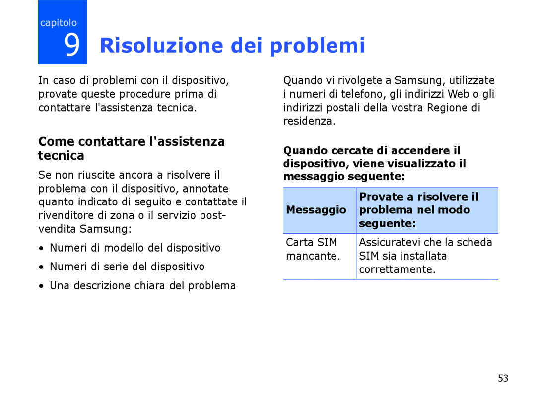 Samsung SGH-I780VRATIM manual Risoluzione dei problemi, Come contattare lassistenza tecnica, Provate a risolvere il 