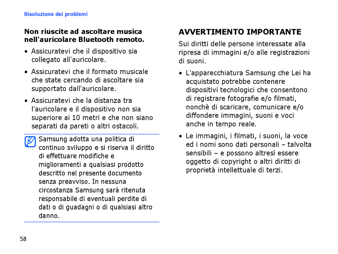 Samsung SGH-I780ZKAITV manual Avvertimento Importante, Assicuratevi che il dispositivo sia collegato allauricolare 