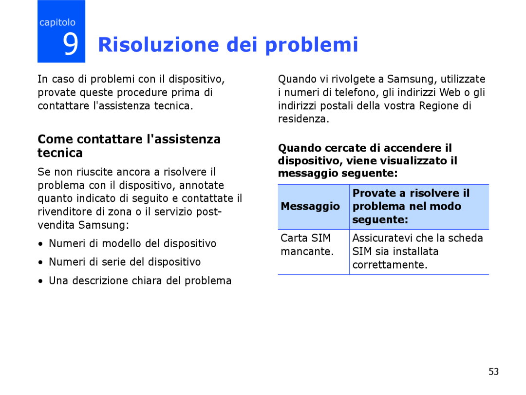 Samsung SGH-I780VRATIM Risoluzione dei problemi, Come contattare lassistenza tecnica, Provate a risolvere il, Messaggio 