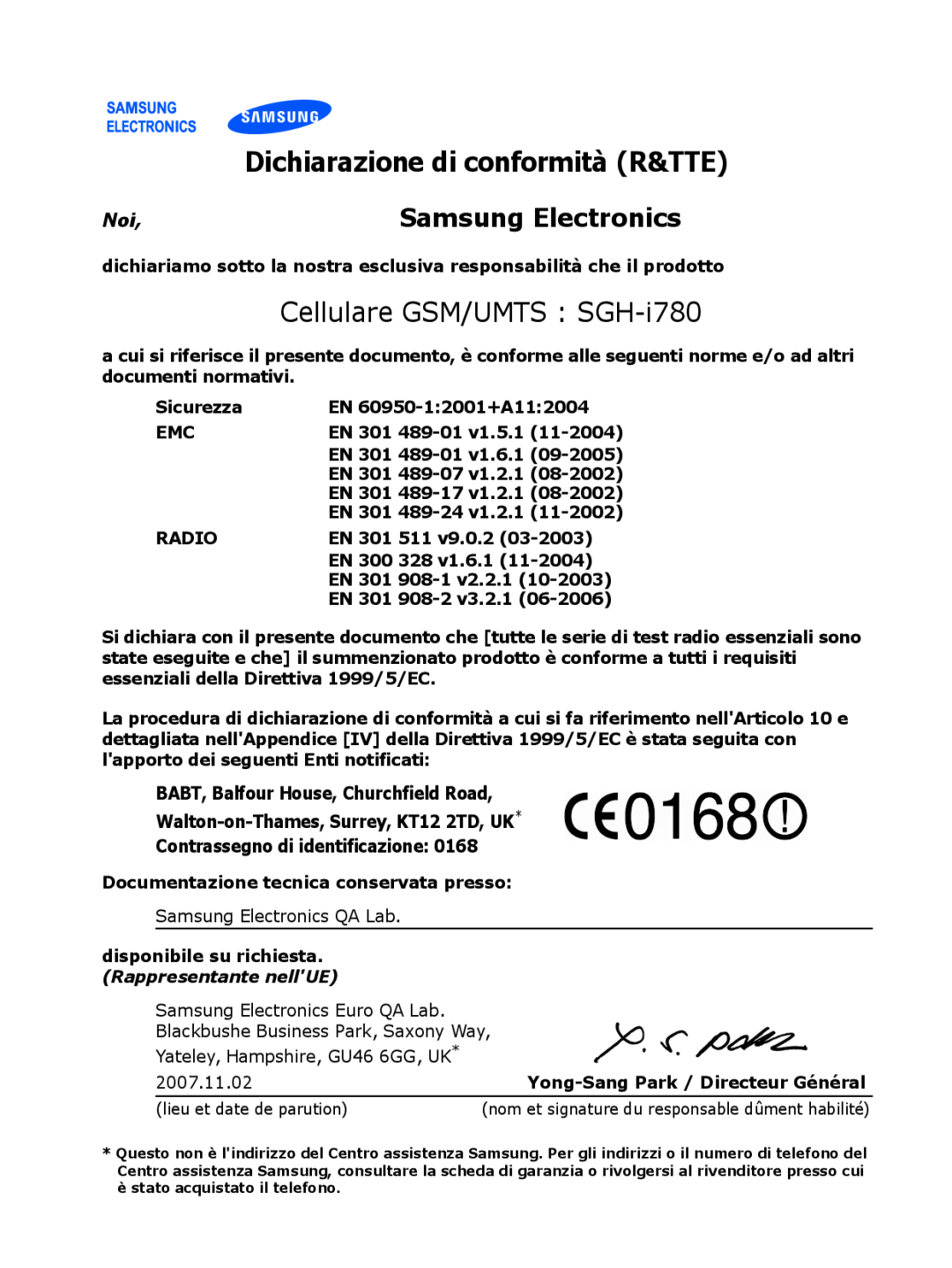Samsung SGH-I780ZKNTIM, SGH-I780ZKNITV Cellulare GSM/UMTS SGH-i780, Dichiarazione di conformità R&TTE, Samsung Electronics 