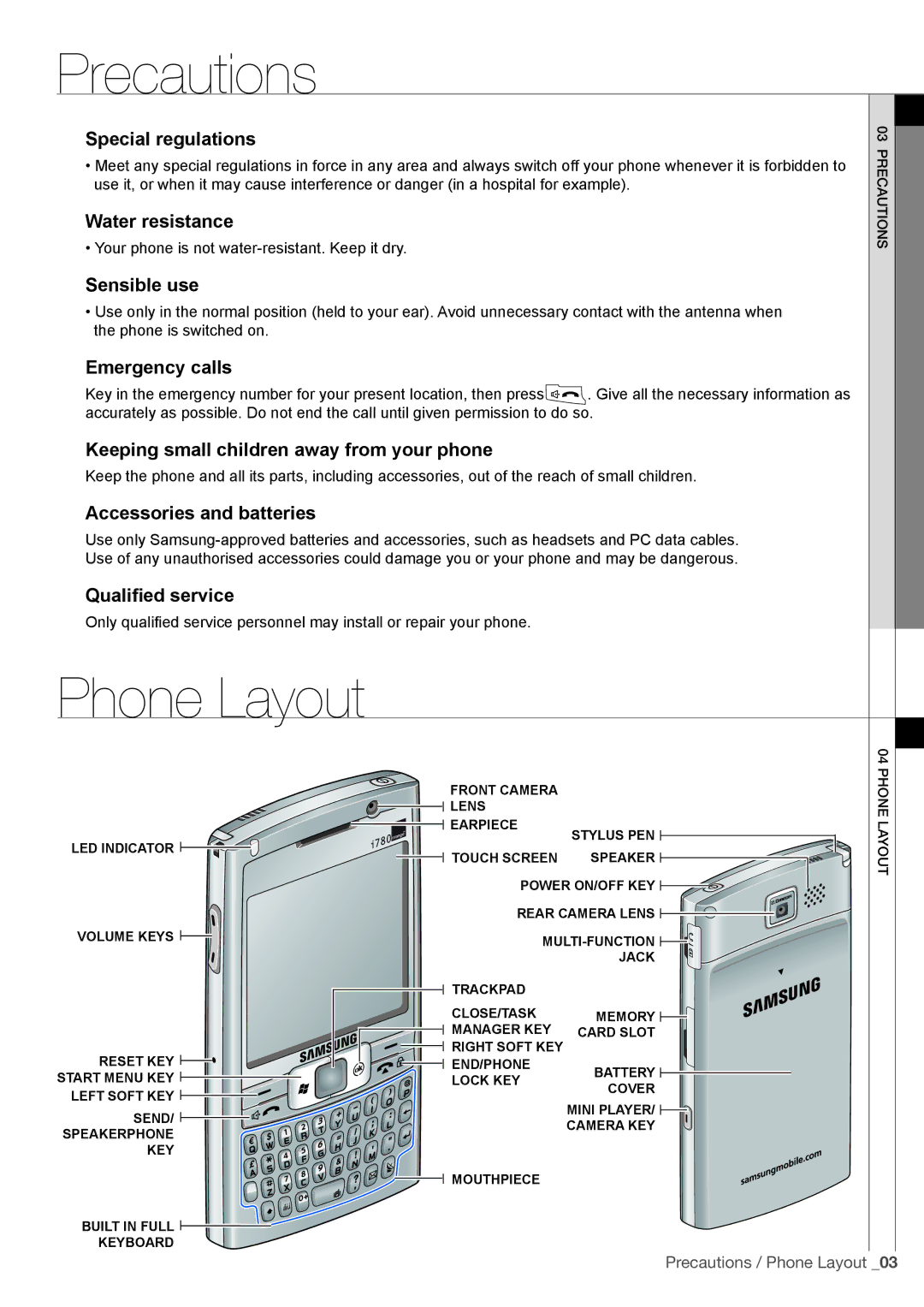 Samsung SGH-I780ZKAXEG, SGH-I780ZKNVD2, SGH-I780ZKADBT, SGH-I780ZKCDBT, SGH-I780ZKAVD2, SGH-I780ZKADTM manual Phone Layout 