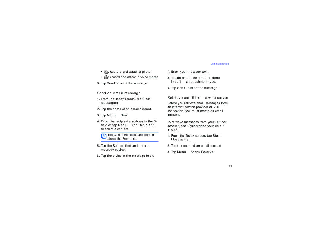 Samsung SGH-I780VRNTIM Send an email message, Retrieve email from a web server, Tap Menu → New, Tap Menu → Send/Receive 