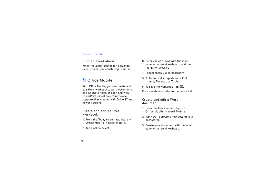 Samsung SGH-I780ZKAOMN, SGH-I780ZKNVD2, SWGI780ZKACEL Office Mobile, Stop an event alarm, Create and edit an Excel workbook 
