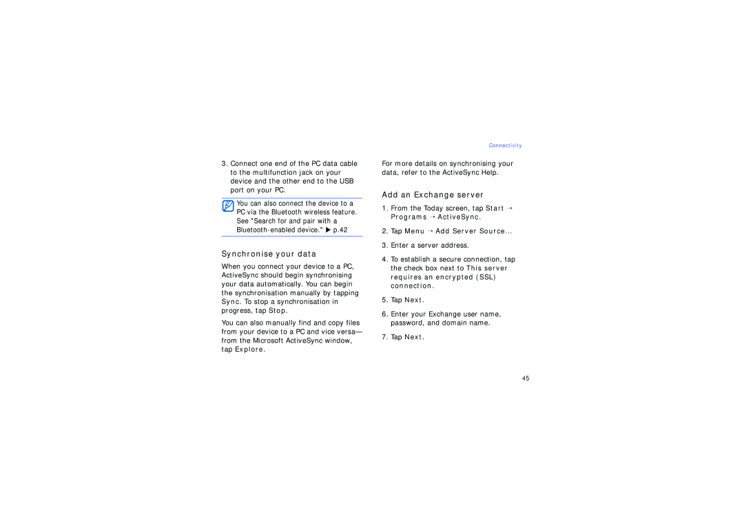 Samsung SGH-I780VRAXEC, SGH-I780ZKNVD2 manual Synchronise your data, Add an Exchange server, Tap Menu → Add Server Source 