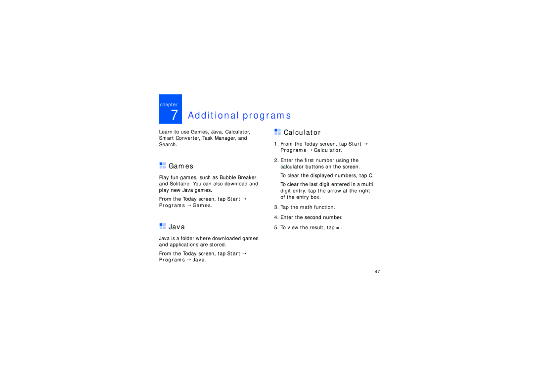 Samsung SGH-I780ZKNATL, SGH-I780ZKNVD2, SGH-I780ZKADBT, SGH-I780ZKCDBT manual Additional programs, Games, Java, Calculator 