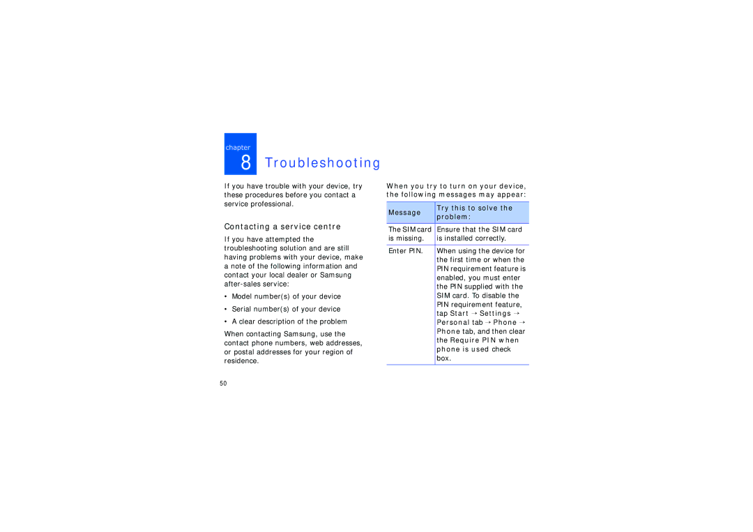 Samsung SGH-I780ZKAECT manual Troubleshooting, Contacting a service centre, Tap Start → Settings →, Require PIN when 