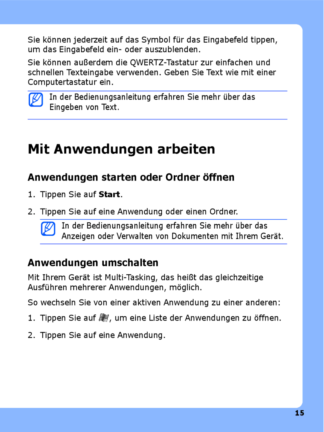 Samsung SGH-I780ZKAVD2 manual Mit Anwendungen arbeiten, Anwendungen starten oder Ordner öffnen, Anwendungen umschalten 