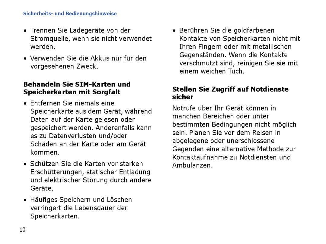 Samsung SGH-I780ZKNDBT Stellen Sie Zugriff auf Notdienste sicher, Behandeln Sie SIM-Karten und Speicherkarten mit Sorgfalt 