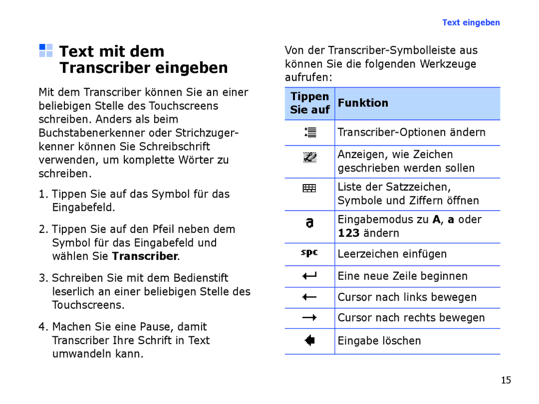 Samsung SGH-I780ZKAXEG, SGH-I780ZKNVD2, SGH-I780ZKADBT, SGH-I780ZKCDBT Text mit dem Transcriber eingeben, Tippen Funktion 