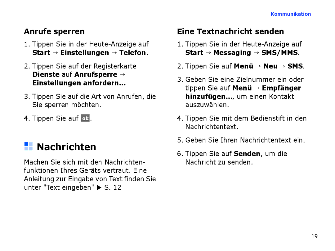 Samsung SGH-I780ZKADBT, SGH-I780ZKNVD2 Nachrichten, Anrufe sperren, Eine Textnachricht senden, Einstellungen anfordern 