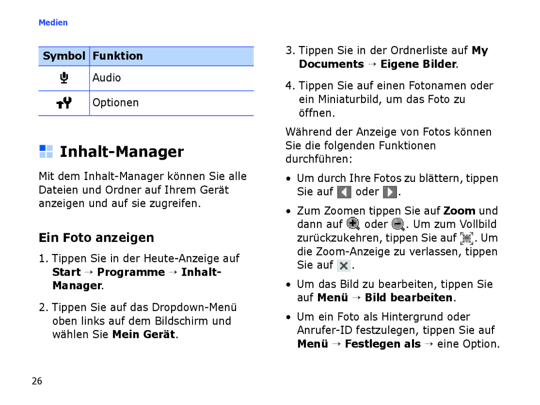 Samsung SGH-I780ZKADBT, SGH-I780ZKNVD2, SGH-I780ZKCDBT, SGH-I780ZKAVD2 Inhalt-Manager, Ein Foto anzeigen, Audio Optionen 